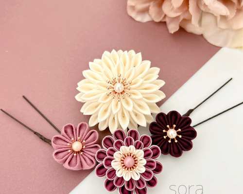 つまみ細工髪飾り【くすみピンク】レトロモダン 成人式 七五三 七五三