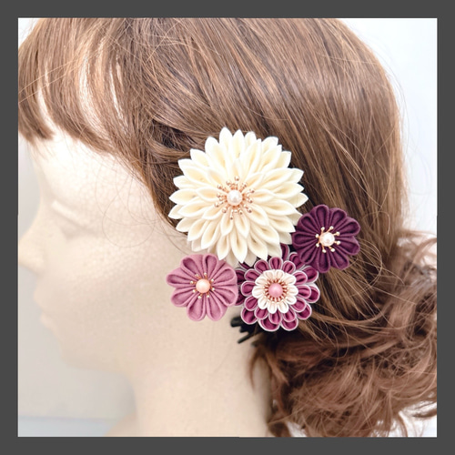 つまみ細工髪飾り【くすみピンク】レトロモダン 成人式 七五三 七五三