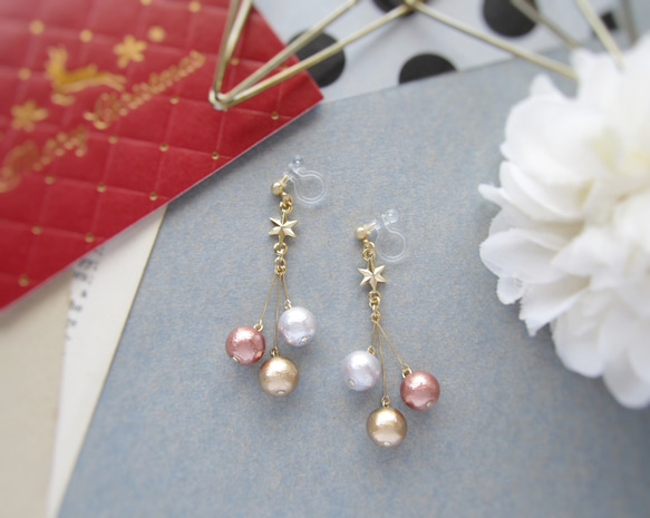 クリスマスオーナメント☆。。 イヤリング／ピアス(ピンク)*4241