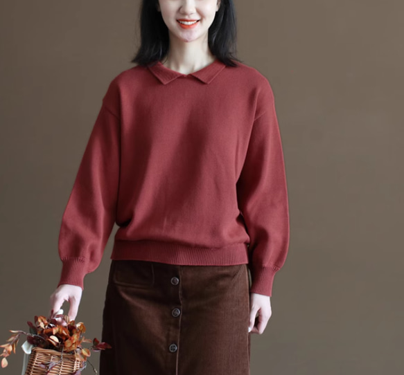 UNFOLLOW / ニット・セーター(薄手)/3/コットン/RED/無地 秋冬.100%綿のセーター. 無地 手編み POLO襟コットンニット 重ね着 3色