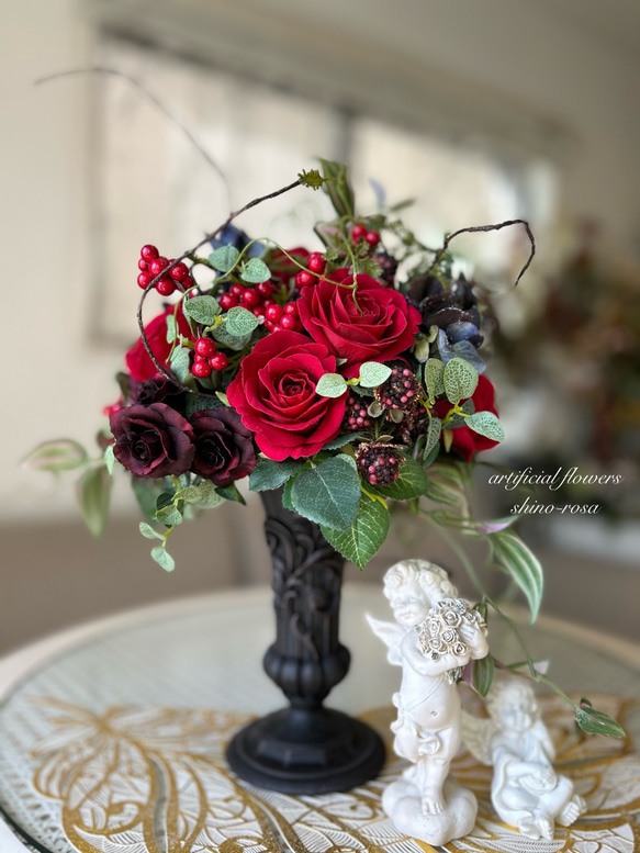 赤バラエレガントラウンドアレンジ アートフラワー shino-rosa 通販