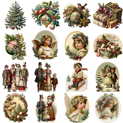 送料無料【S616コラージュ素材】海外シールフレーク レトロ クリスマス