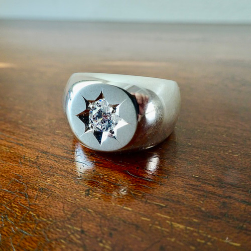 仁尾彫金『一つ星ジルコニア、丸の印台リング』ハンドメイド338 指輪 