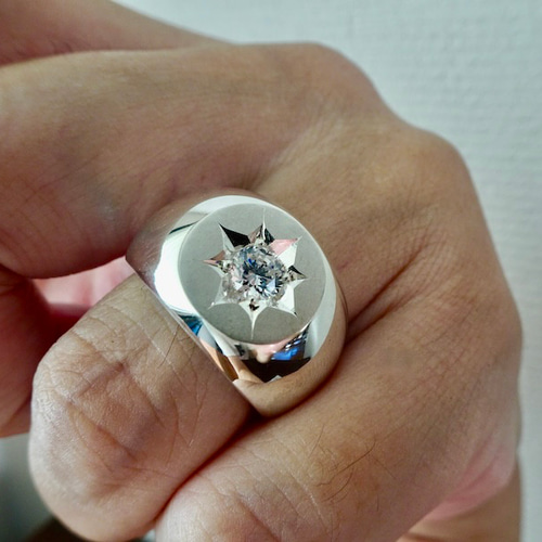 仁尾彫金『一つ星ジルコニア、丸の印台リング』ハンドメイド338 指輪 