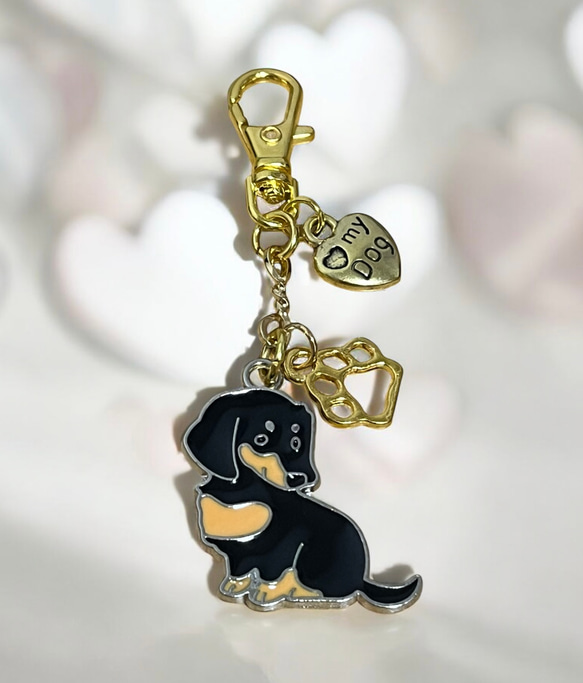 ミニチュアダックス（黒×キャメル）キーホルダー(大)・（ミニ）6点セット 送料無料】♡うちの子 わんこチャーム〈ミニチュアダックスフンド