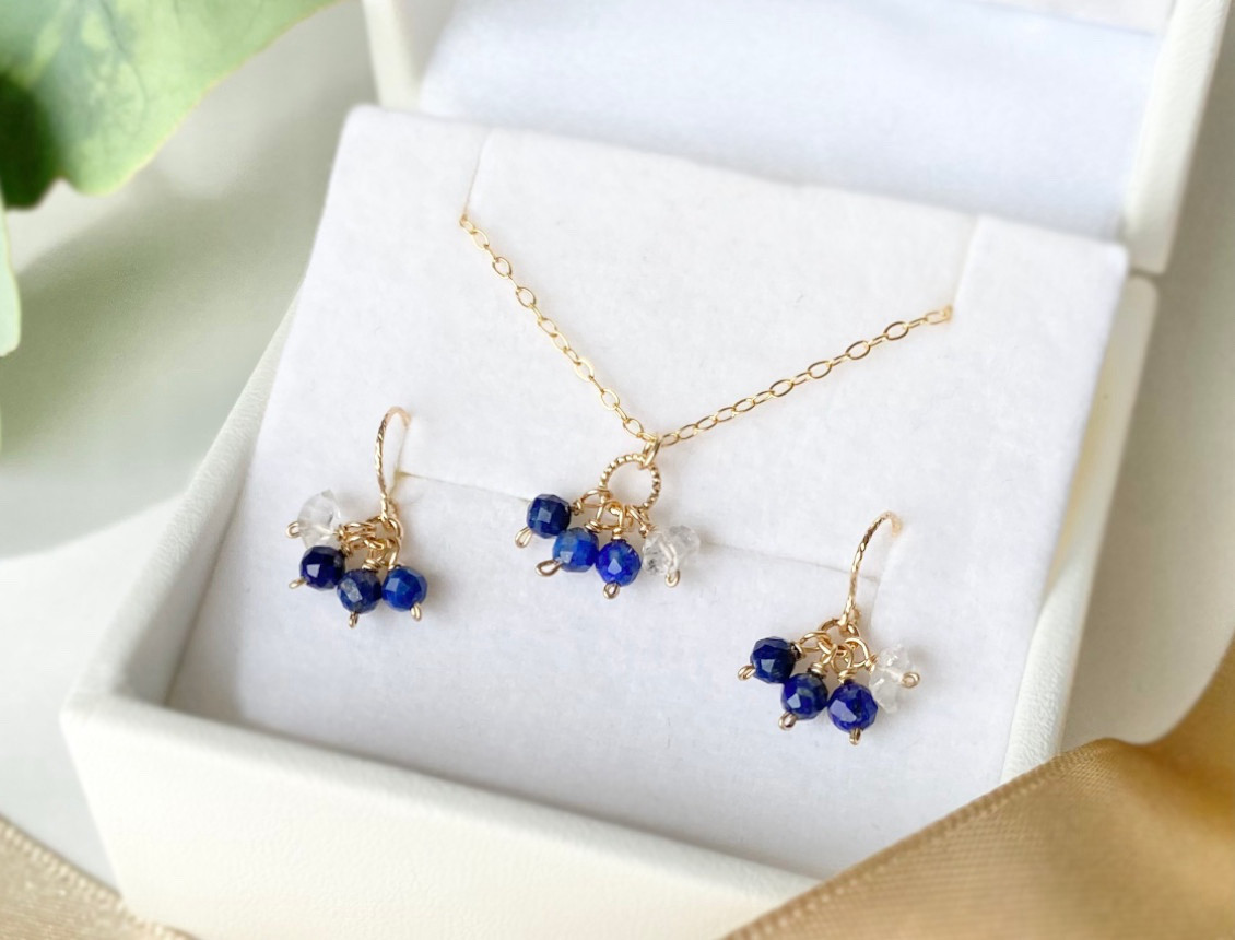ラピスラズリとハーキマーダイヤモンドネックレス＆ピアス2点セット　14㎏f　誕生石　天然石　福袋　コフレ　ギフト 6,083円