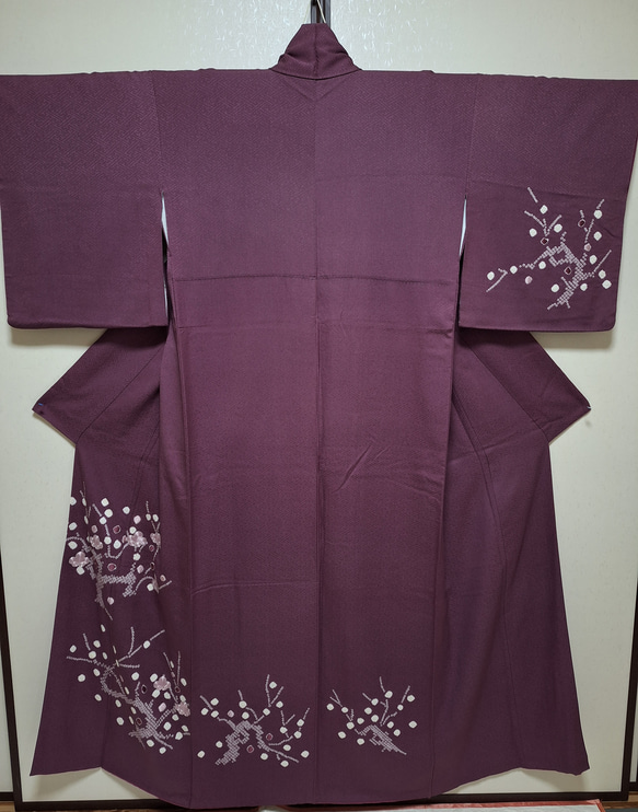 細身】ワンタッチ着物 くらわん着物 正絹付け下げリメイク 紫絞り日本  
