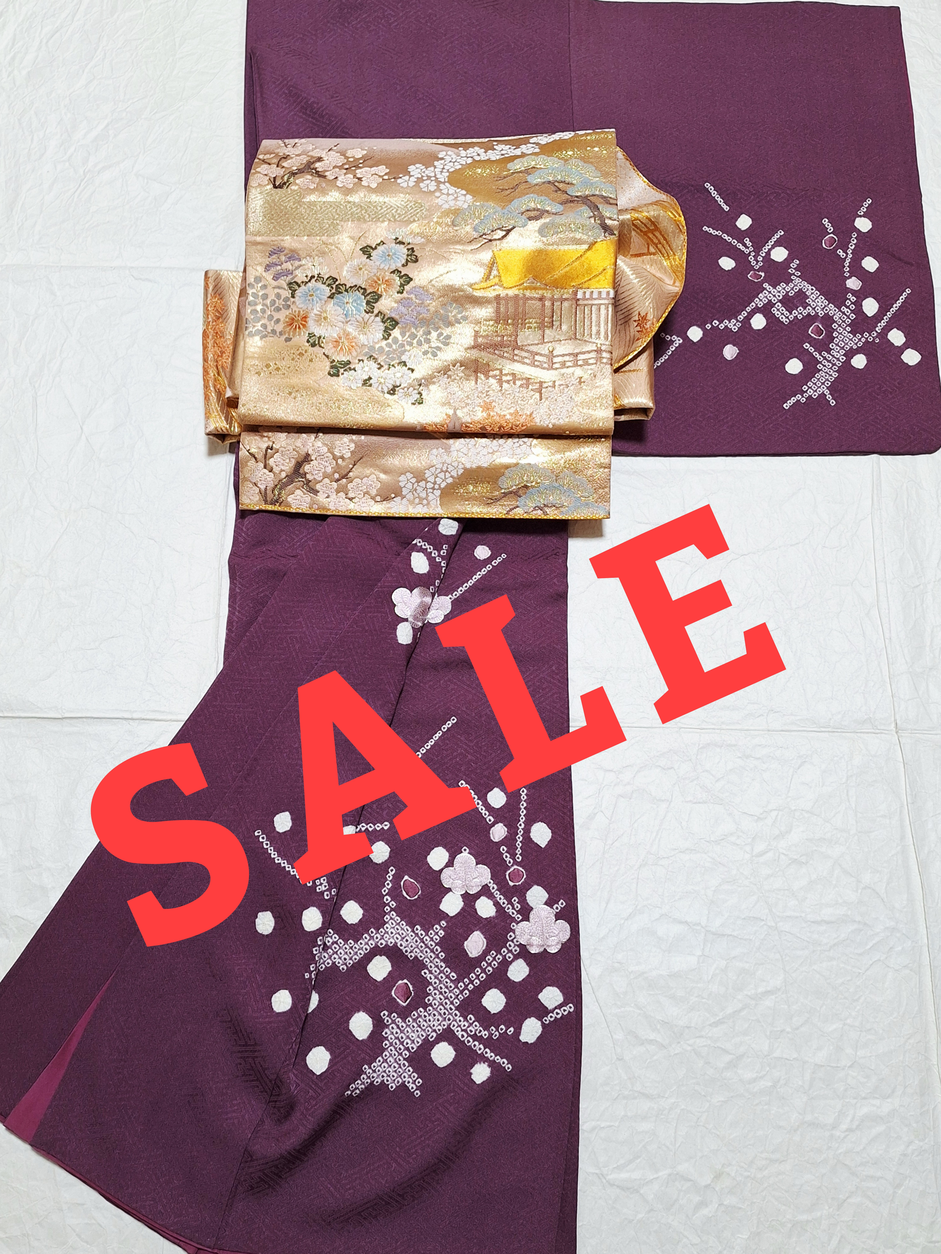 4,000円引き！【細身】ワンタッチ着物　くらわん着物　正絹付け下げリメイク　紫絞り日本刺繍梅文様　(帯は別売)