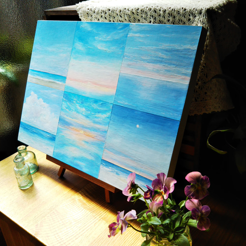 原画 青をあつめて オイルパステル画 絵画 Hidamari art 通販