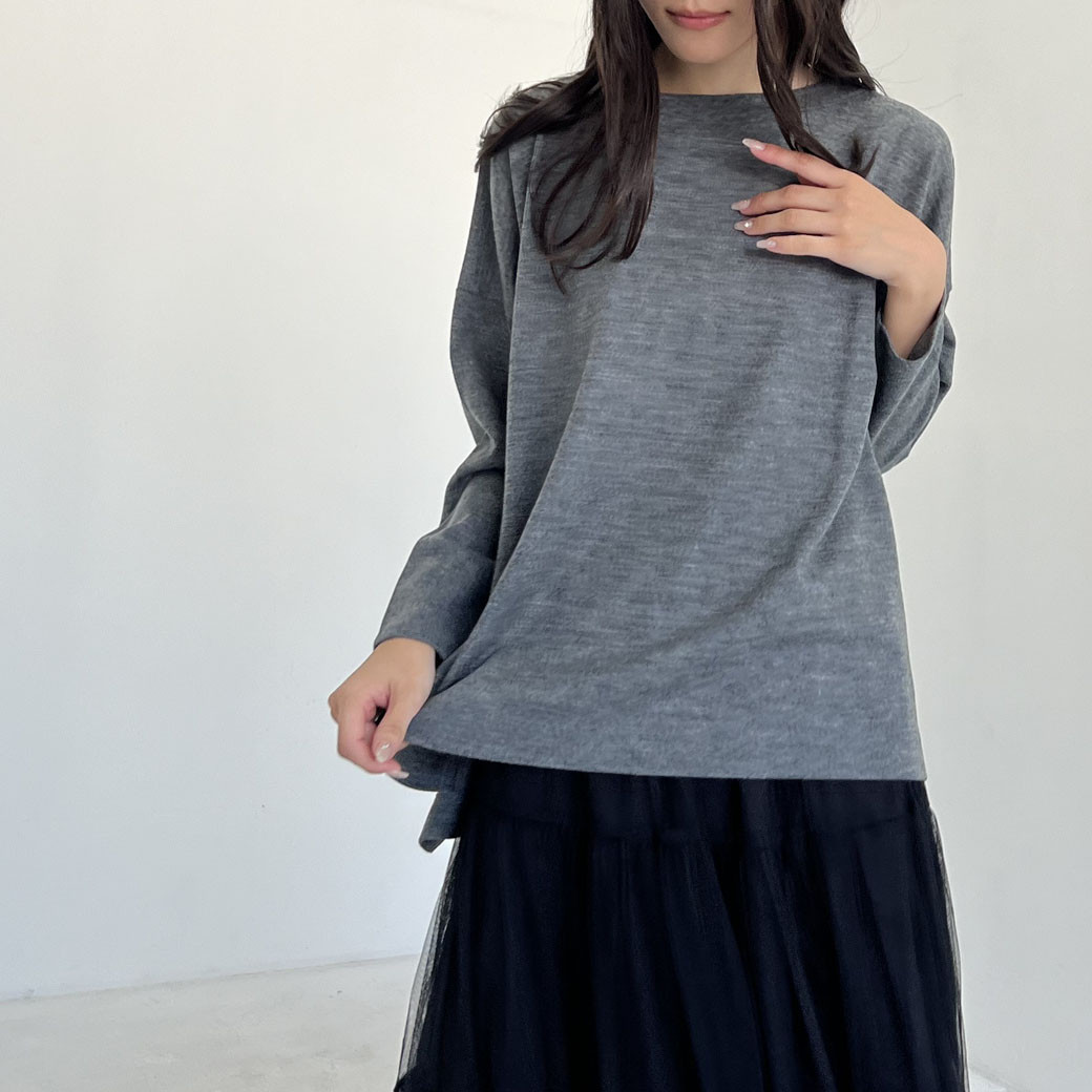 【日本製】ウォッシャブルウール＿ボートネック　スクエアシルエット裾スリットプルオーバー＿グレー