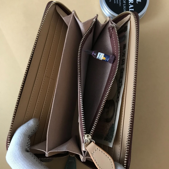ブラウン　ベージュ　ハンドメイド 新品 ブライドレザー ヌメ革/本革 編み込み　メンズ財布　長財布　 ラウンドファスナー 6枚目の画像