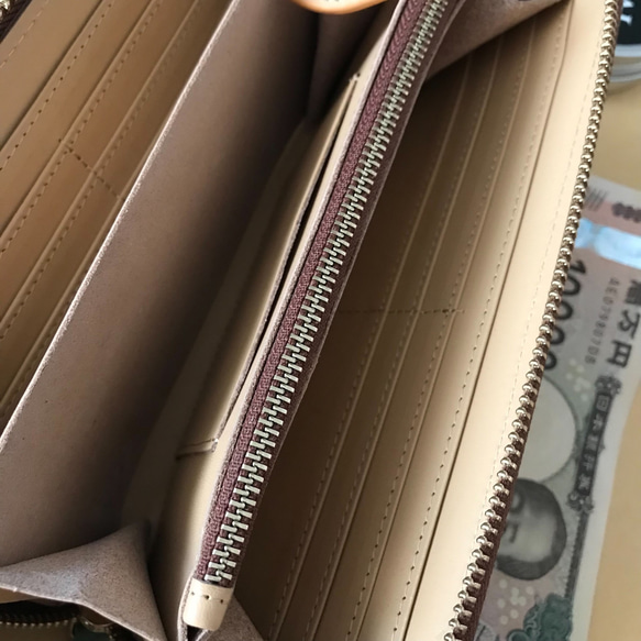 ブラウン　ベージュ　ハンドメイド 新品 ブライドレザー ヌメ革/本革 編み込み　メンズ財布　長財布　 ラウンドファスナー 8枚目の画像