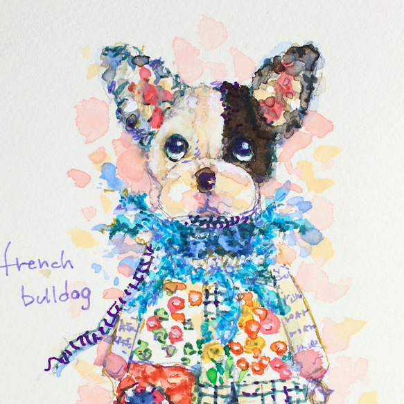 フレンチブルドック（片パイド）のミニぬいぐるみ 水彩画イラスト 原画