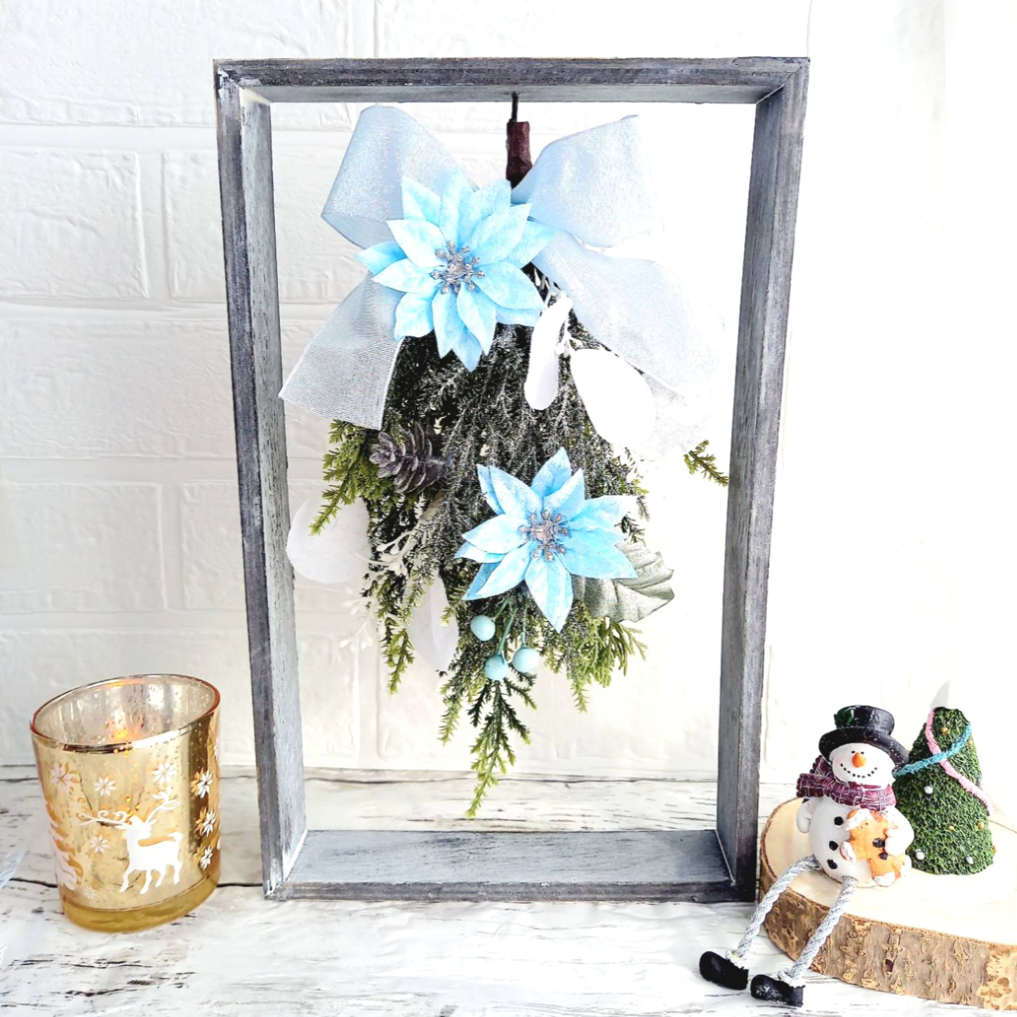 【2日以内発送】フレーム付き!!スノーホワイト＆ライトブルーのクリスマススワッグ♡ラッピング無料