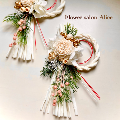 しめ飾り　正月リース　しめ縄　フラワーリース☆*White✖︎Red 2499c3550358c26994025e6058543f