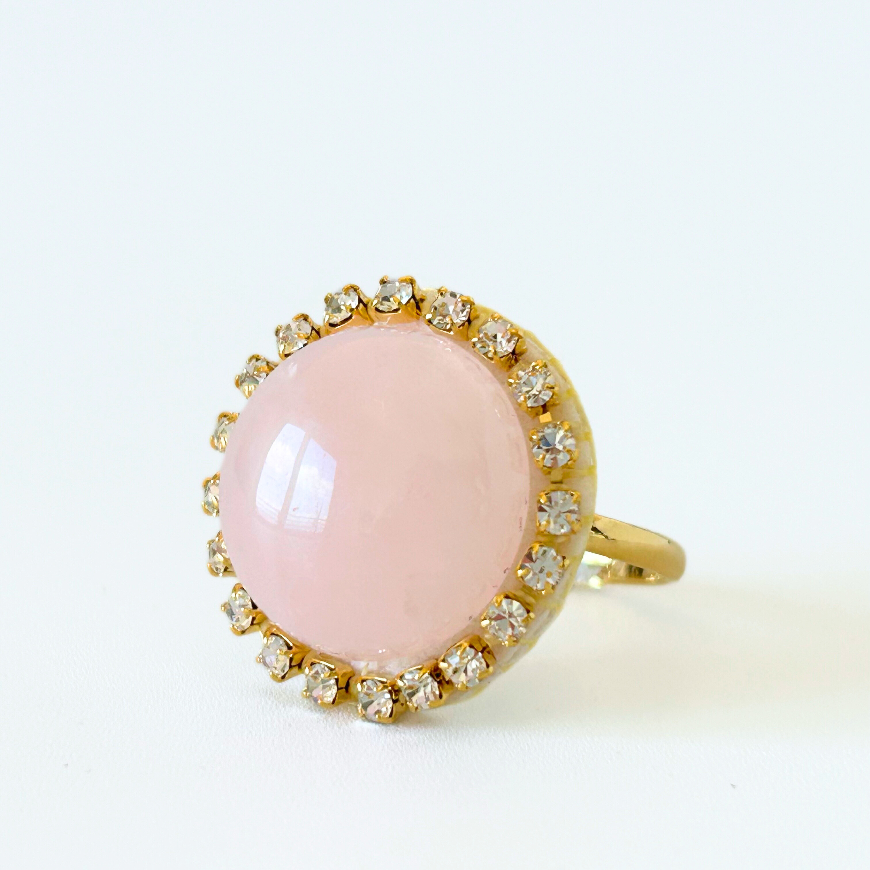 天然石 ローズクオーツ 大ぶりリング  (10月誕生石 ) ビーズ刺繍