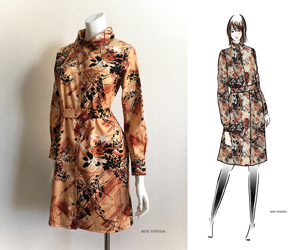 【1点もの・デザイン画付き】綿プリントストレッチジャガード生地シャツ型ワンピース（KOJI TOYODA）