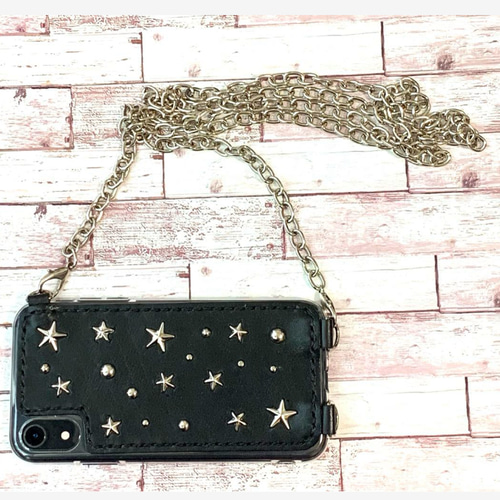 レザーiPhoneケース ブラック 星スタッズ シルバー 栃木レザー 本革