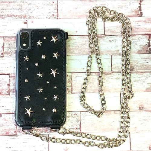 レザーiPhoneケース ブラック 星スタッズ シルバー 栃木レザー 本革