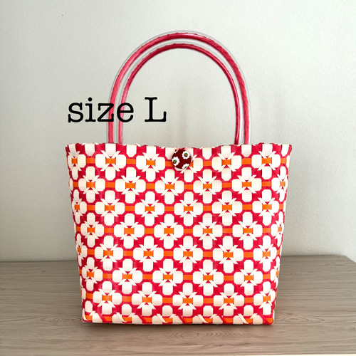 レトロポップなプラかご Lサイズ 赤&オレンジ 花柄 PPバンドプラかご