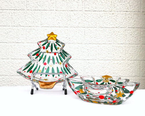 クリスマスツリー型のお洒落なガラスプレート・アクセサリートレイ 中