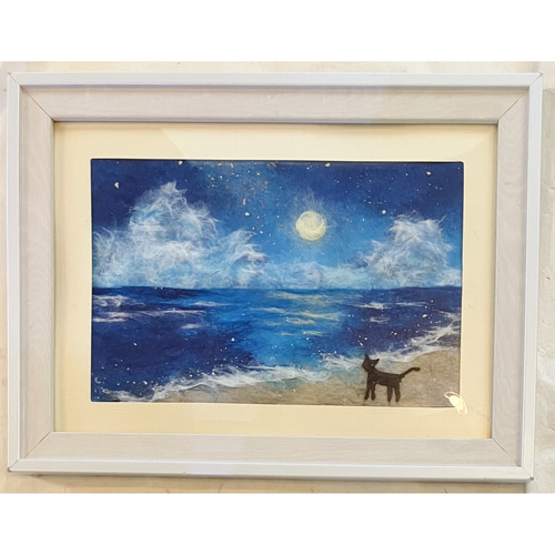 和紙ちぎり絵『夜の海の黒猫』葉書サイズ原画 切り絵 彩紘工房 通販