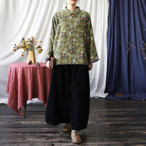秋冬 ボア付き コーデュロイ ジャケットコード 花柄 シンプルな