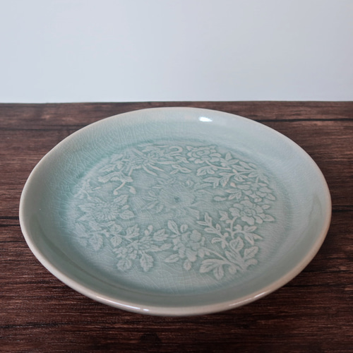 ブルーセラドン深皿 フラワー セラドン焼き タイ食器 大皿 サラヤシキ