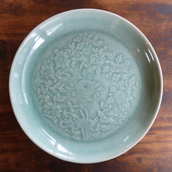 ブルーセラドン深皿 フラワー セラドン焼き タイ食器 大皿 サラヤシキ