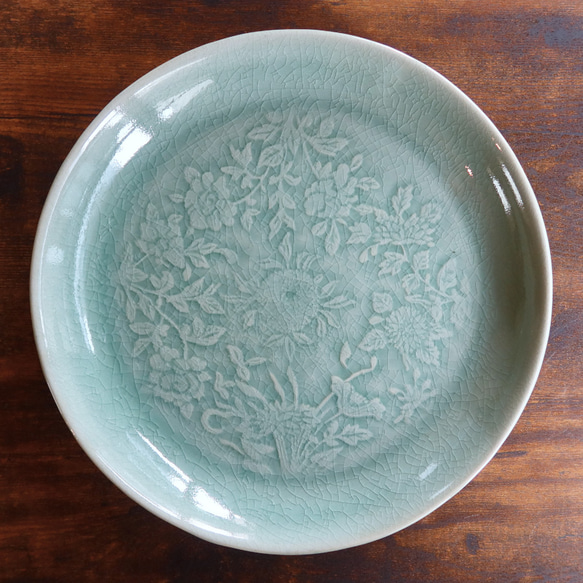 ブルーセラドン深皿 フラワー セラドン焼き タイ食器 大皿 サラヤシキ