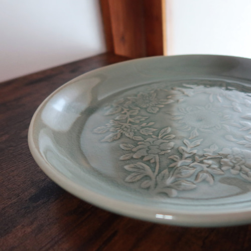 ブルーセラドン深皿 フラワー セラドン焼き タイ食器 大皿 サラヤシキ