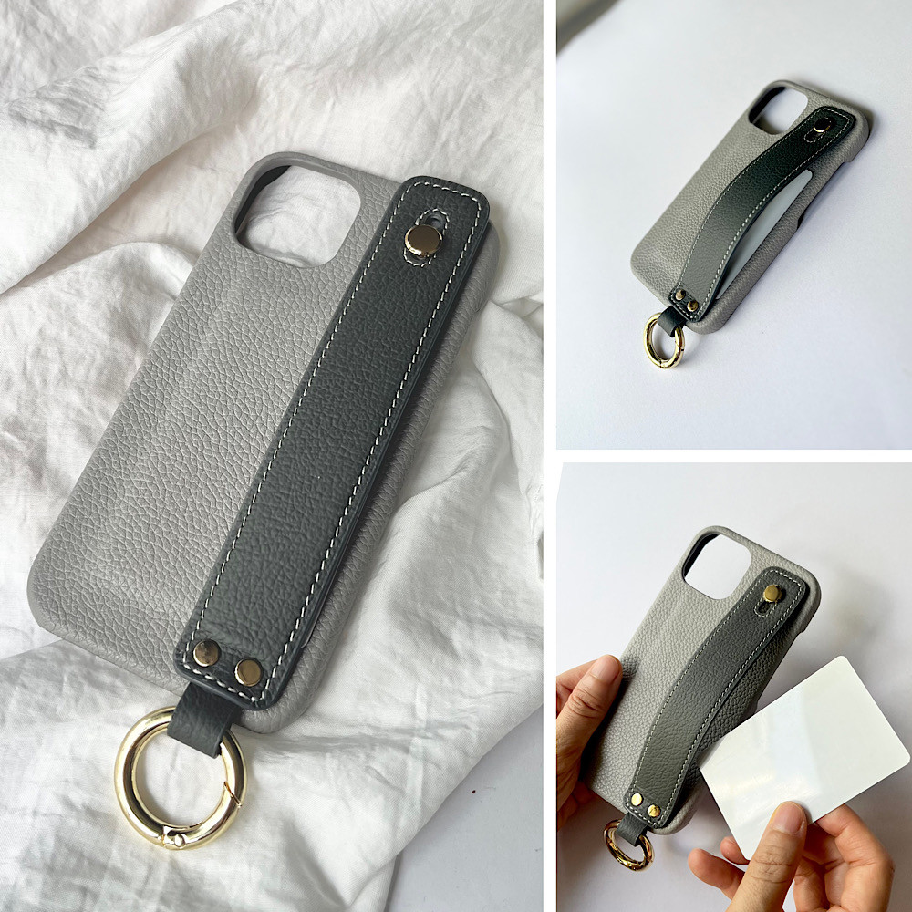 名入れ可　本革 　バイカラー　ハンドベルト付き　革　横からカード収納   lightgrey+darkgrey