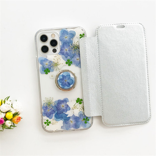 押し花 ケース キッズ携帯 ケース オーダー クローバーケース 紫陽花ケース 押し花ケース 手帳型