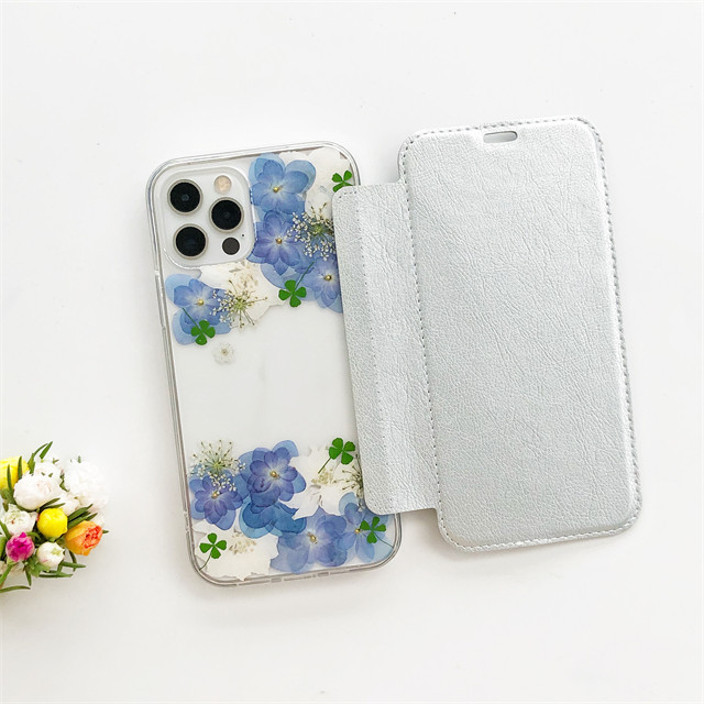 クローバー 紫陽花 押し花ケース 手帳型スマホケース iPhone17Pro/17/17ProMax/GalaxyS25