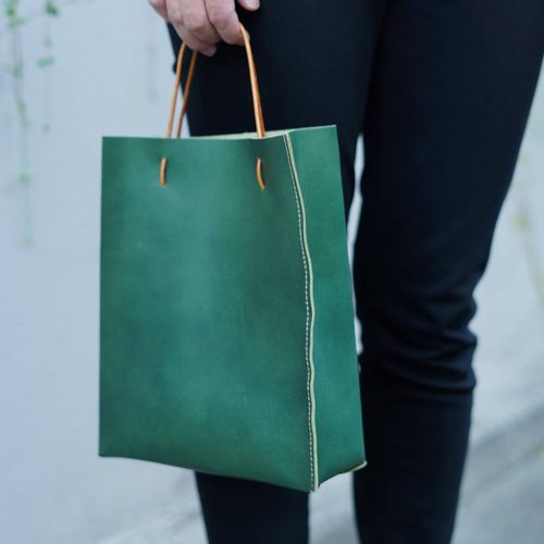 グリーンの本革ショップバッグスタイル イタリアンレザートートバッグ