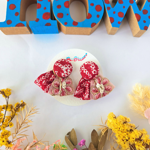 赤 レトロ インド刺繍リボン 着物 2way ピアス イヤリング 残布 アップ