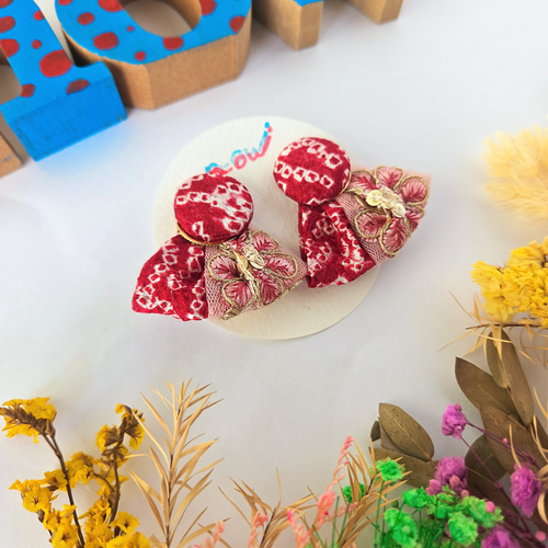 赤 レトロ インド刺繍リボン 着物 2way ピアス イヤリング 残布 アップ