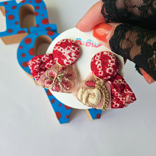 赤 レトロ インド刺繍リボン 着物 2way ピアス イヤリング 残布 アップ