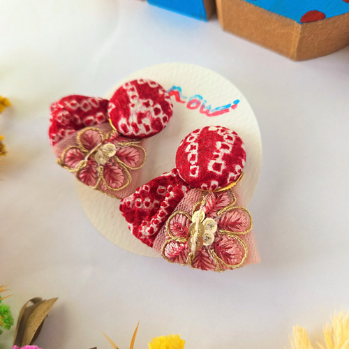 赤 レトロ インド刺繍リボン 着物 2way ピアス イヤリング 残布 アップ
