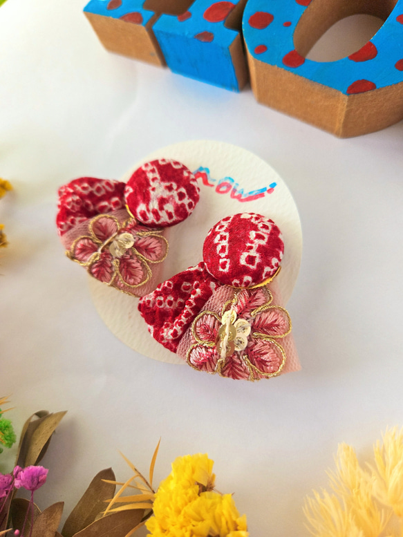 赤 レトロ インド刺繍リボン 着物 2way ピアス イヤリング 残布 アップ