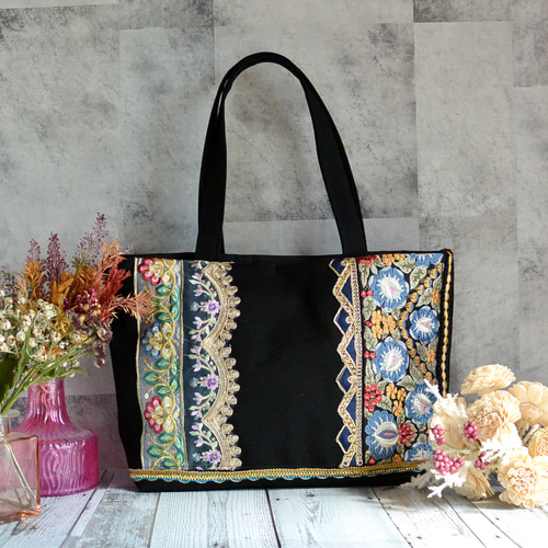 【専用】ハンドメイド 手刺繍 インドリボン バッグとマット(４枚)セット インド刺繍リボン＊ジュートバッグ(手縫い刺繍入り)Yellow