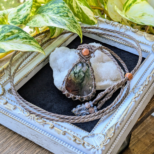 ☆モスアゲート(レッドカラー入り)☆マクラメ編みネックレス 232