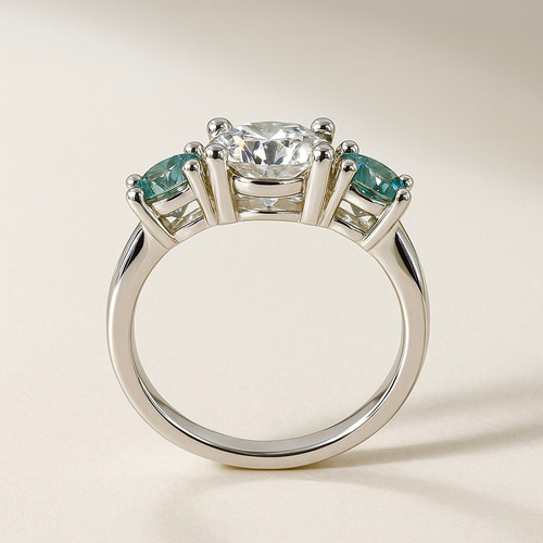 モアサナイト 3ストーンリング 1ct×グリーン0.5ct 深みのあるグリーン