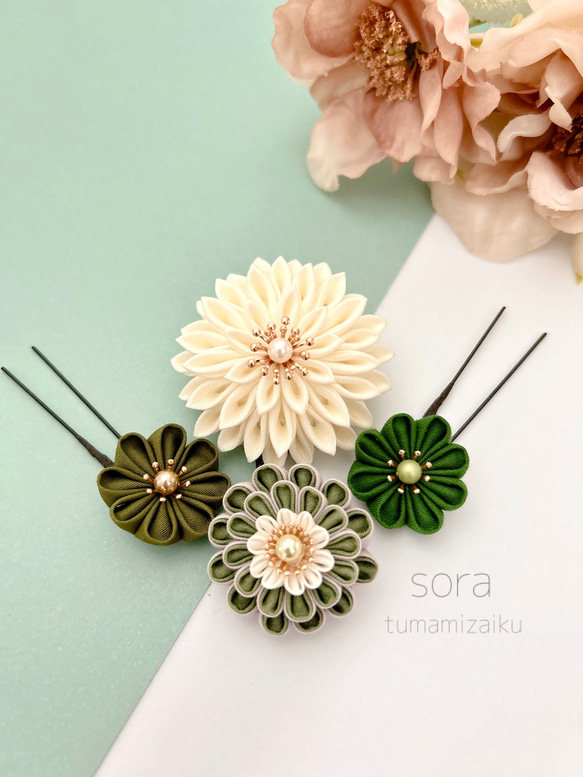 つまみ細工 髪飾り 七五三 Prices down3）七五三 髪飾り つまみ細工 お花 鳥 髪飾り「赤x橙