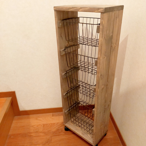 【新色】ワイヤーバスケット5段シェルフ　キャスター付き　チャコールグレー 新色】ワイヤーバスケット5段シェルフキャスター付き【handmade