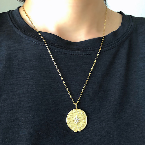 星座盤のメダルネックレス スクエアチェーン ゴールド ネックレス