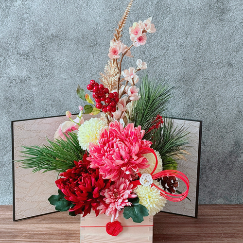 大きな菊のお正月アレンジ お正月飾り アーティフィシャルフラワー