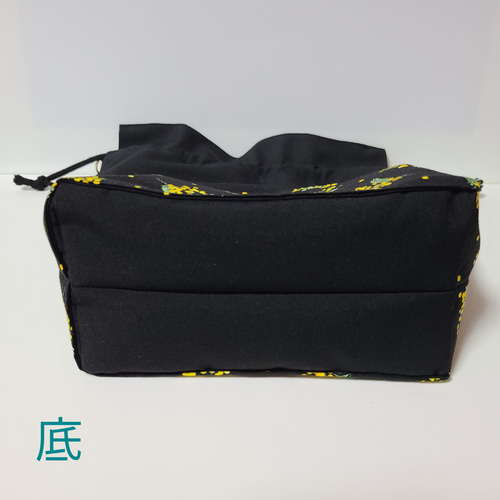 ハンドメイド 外ポケットつき巾着バッグ 化粧ポーチ ミモザ柄 小物入れ