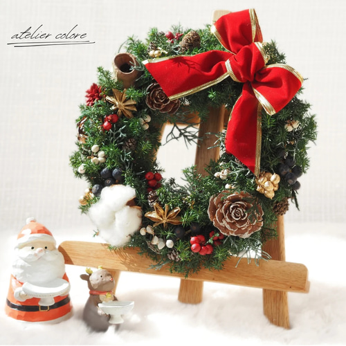 王道リボンのクリスマスリース／木の実たくさんのブリザーブドリース