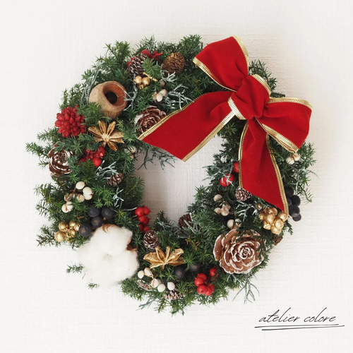 王道リボンのクリスマスリース／木の実たくさんのブリザーブドリース